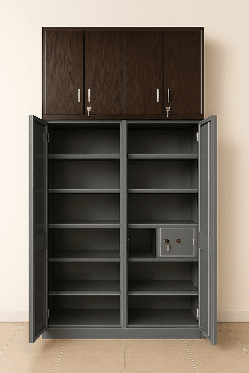 Open steel wardrobe showing internal storage